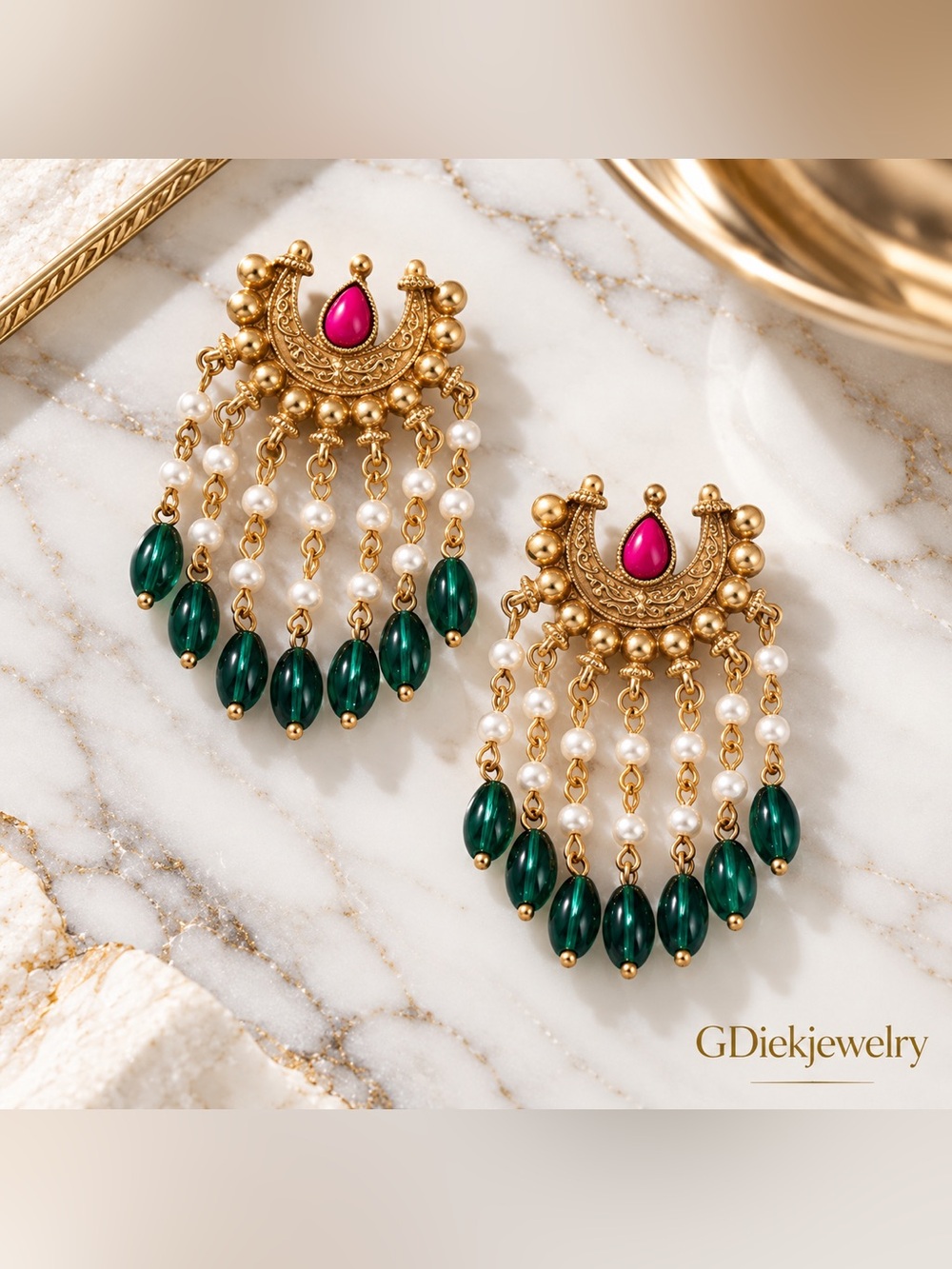 Gold-Tone Pink & Green Pearl Chandelier Earrings Vintage